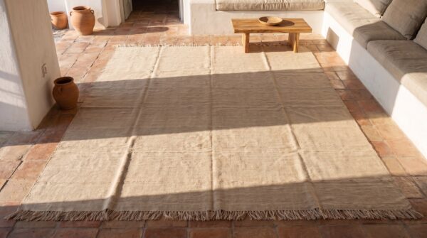 Flat woven kilim ivory beige cream white hand knotted pile 1940s antique wool allover geometric rug 2 Flat woven kilim ivory beige cream white hand knotted pile 1940s antique wool allover geometric rug (sku 19537) - styled overhead view