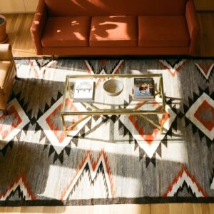 Antique Flat Woven Native American Navajo Hallway Runner Wool Green Rug (SKU 25338) - styled overhead view