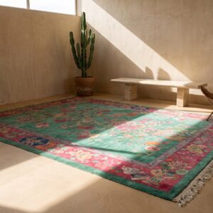 Floral Wool 1920s Rectangle Green Antique Hand Knotted Pile Rug (SKU 22154) - room view