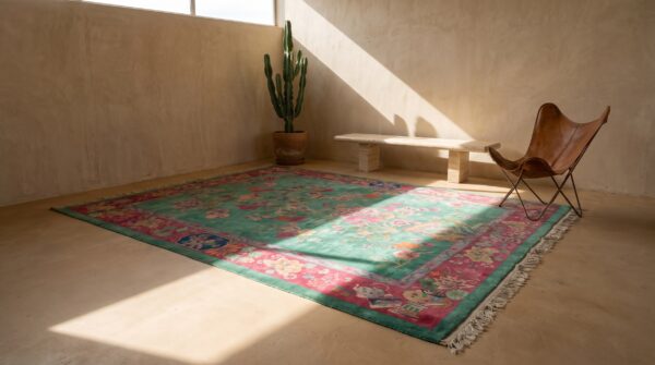 Floral wool 1920s rectangle green antique hand knotted pile rug 5 Floral wool 1920s rectangle green antique hand knotted pile rug (sku 22154) - room view