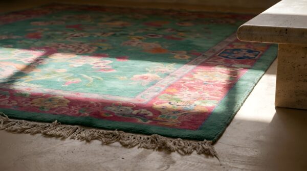 Floral wool 1920s rectangle green antique hand knotted pile rug 6 Floral wool 1920s rectangle green antique hand knotted pile rug (sku 22154) - in-room detail