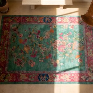Floral Wool 1920s Rectangle Green Antique Hand Knotted Pile Rug (SKU 22154) - styled overhead view