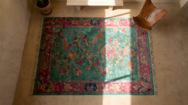 Floral wool 1920s rectangle green antique hand knotted pile rug 2 Floral wool 1920s rectangle green antique hand knotted pile rug (sku 22154) - styled overhead view