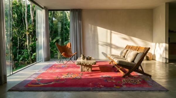Wool floral 1920s antique rectangle hand knotted pile red rug (sku 25801) - room view