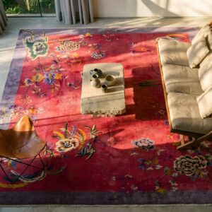 Wool Floral 1920s Antique Rectangle Hand Knotted Pile Red Rug (SKU 25801) - styled overhead view