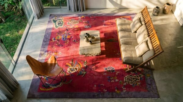 Wool floral 1920s antique rectangle hand knotted pile red rug (sku 25801) - styled overhead view