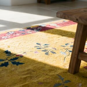 Hand Knotted Pile Floral 1920s Rectangle Wool Yellow Antique Rug (SKU 23485) - in-room detail