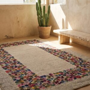 Antique Floral Wool & Cotton Hooked - Loop Pile Ivory Beige Cream White 1940s Rug (SKU 20084) - room view