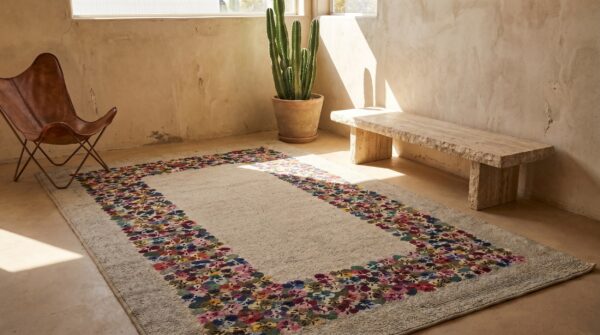 Antique floral wool & cotton hooked - loop pile ivory beige cream white 1940s rug 7 Antique floral wool & cotton hooked - loop pile ivory beige cream white 1940s rug (sku 20084) - room view