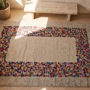 Antique Floral Wool & Cotton Hooked - Loop Pile Ivory Beige Cream White 1940s Rug (SKU 20084) - styled overhead view