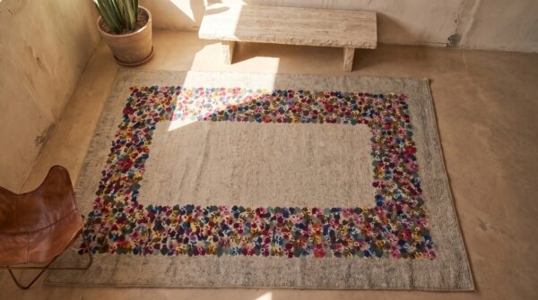 Antique floral wool & cotton hooked - loop pile ivory beige cream white 1940s rug 2 Antique floral wool & cotton hooked - loop pile ivory beige cream white 1940s rug (sku 20084) - styled overhead view