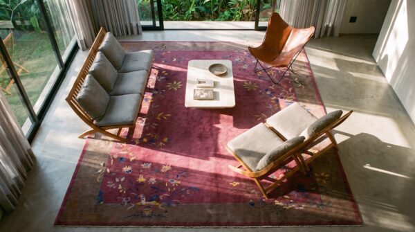 Antique floral art deco design chinese purple color rug 2 Antique floral art deco design chinese purple color rug (sku 24549) - styled overhead view