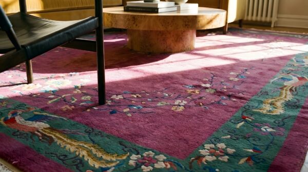 Antique floral bird design purple chinese art deco design rug 8 Antique floral bird design purple chinese art deco design rug (sku 22267) - in-room detail