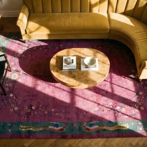 Antique Floral Bird Design Purple Chinese Art Deco Design Rug (SKU 22267) - styled overhead view