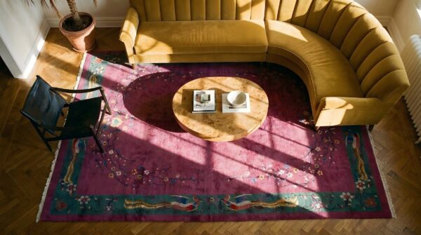 Antique floral bird design purple chinese art deco design rug 2 Antique floral bird design purple chinese art deco design rug (sku 22267) - styled overhead view