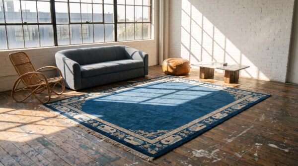 Antique floral wool hand knotted pile blue 1900s rug 8 Antique floral wool hand knotted pile blue 1900s rug (sku 22782) - room view