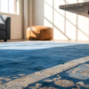Antique Floral Wool Hand Knotted Pile Blue 1900s Rug (SKU 22782) - in-room detail