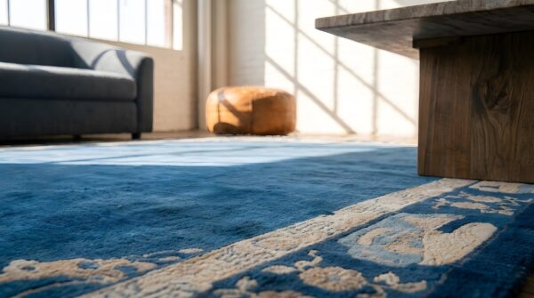 Antique floral wool hand knotted pile blue 1900s rug 9 Antique floral wool hand knotted pile blue 1900s rug (sku 22782) - in-room detail