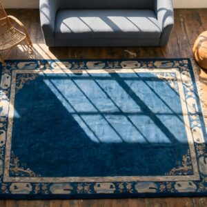 Antique Floral Wool Hand Knotted Pile Blue 1900s Rug (SKU 22782) - styled overhead view