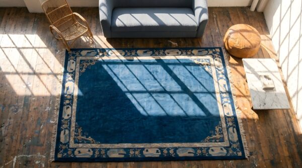 Antique floral wool hand knotted pile blue 1900s rug 2 Antique floral wool hand knotted pile blue 1900s rug (sku 22782) - styled overhead view