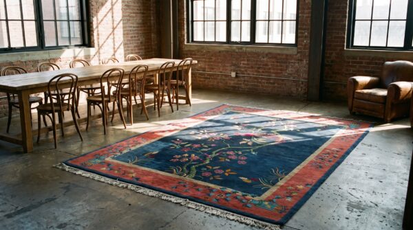 Antique floral wool hand knotted pile blue 1920s rug 7 Antique floral wool hand knotted pile blue 1920s rug (sku 21944) - room view