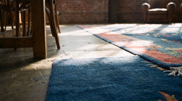 Antique floral wool hand knotted pile blue 1920s rug 8 Antique floral wool hand knotted pile blue 1920s rug (sku 21944) - in-room detail