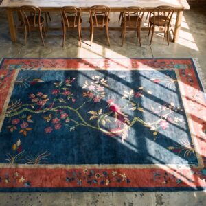 Antique Floral Wool Hand Knotted Pile Blue 1920s Rug (SKU 21944) - styled overhead view
