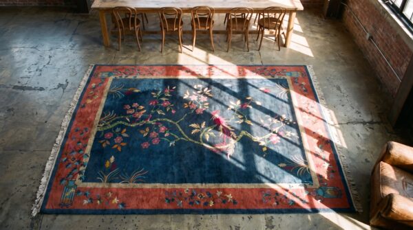Antique floral wool hand knotted pile blue 1920s rug 2 Antique floral wool hand knotted pile blue 1920s rug (sku 21944) - styled overhead view