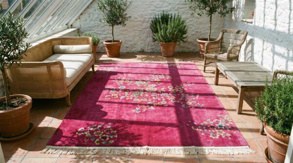 Antique floral center hand knotted wool pile purple 1930s chinese deco rug 9 Antique floral center hand knotted wool pile purple 1930s chinese deco rug (sku 20812) - room view