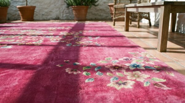 Antique floral center hand knotted wool pile purple 1930s chinese deco rug 10 Antique floral center hand knotted wool pile purple 1930s chinese deco rug (sku 20812) - in-room detail