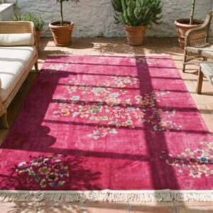 Antique Floral Center Hand Knotted Wool Pile Purple 1930s Chinese Deco Rug (SKU 20812) - styled overhead view