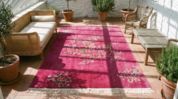 Antique floral center hand knotted wool pile purple 1930s chinese deco rug 2 Antique floral center hand knotted wool pile purple 1930s chinese deco rug (sku 20812) - styled overhead view
