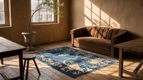 Antique floral chinese crane design wool hand knotted scatter rug (sku 22373) - room view
