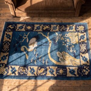Antique Floral Chinese Crane Design Wool Hand Knotted Scatter Rug (SKU 22373) - styled overhead view