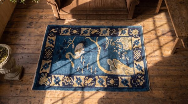 Antique floral chinese crane design wool hand knotted scatter rug (sku 22373) - styled overhead view