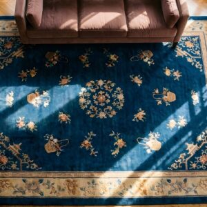 Hand Knotted Wool Pile Floral Antique Chinese Deco Carpet (SKU 25802) - styled overhead view