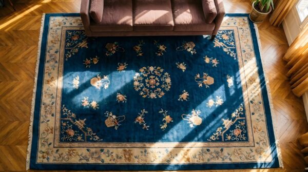 Hand knotted wool pile floral antique chinese deco carpet 2 Hand knotted wool pile floral antique chinese deco carpet (sku 25802) - styled overhead view