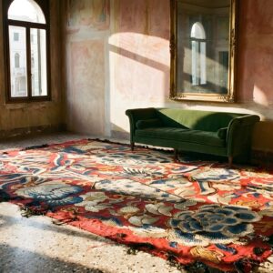 Antique Floral Chinese Small Size Wool & Silk Coral Color Framed Textile (SKU 25604) - room view