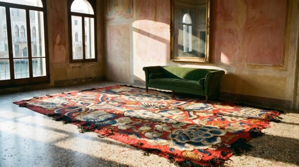 Antique floral chinese small size wool & silk coral color framed textile (sku 25604) - room view