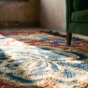 Antique Floral Chinese Small Size Wool & Silk Coral Color Framed Textile (SKU 25604) - in-room detail