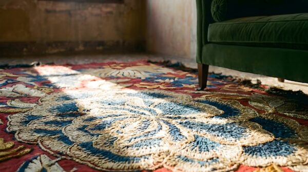Antique floral chinese small size wool & silk coral color framed textile (sku 25604) - in-room detail
