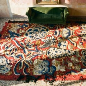 Antique Floral Chinese Small Size Wool & Silk Coral Color Framed Textile (SKU 25604) - styled overhead view