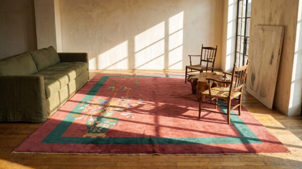 Antique floral wool hand knotted pile coral 1920s rug 3 Antique floral wool hand knotted pile coral 1920s rug (sku 20878) - room view