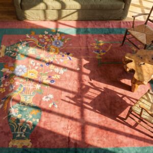 Antique Floral Wool Hand Knotted Pile Coral 1920s Rug (SKU 20878) - styled overhead view