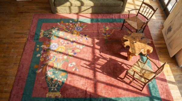 Antique floral wool hand knotted pile coral 1920s rug 2 Antique floral wool hand knotted pile coral 1920s rug (sku 20878) - styled overhead view