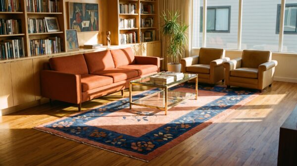 Antique floral wool hand knotted pile coral 1925 rug 6 Antique floral wool hand knotted pile coral 1925 rug (sku 25488) - room view