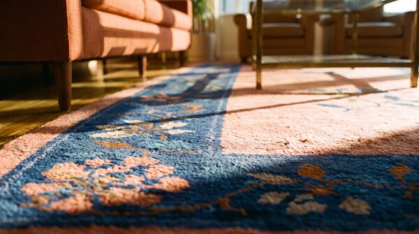 Antique floral wool hand knotted pile coral 1925 rug 7 Antique floral wool hand knotted pile coral 1925 rug (sku 25488) - in-room detail