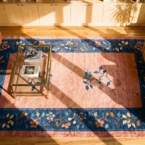 Antique Floral Wool Hand Knotted Pile Coral 1925 Rug (SKU 25488) - styled overhead view
