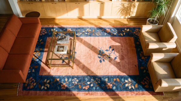 Antique floral wool hand knotted pile coral 1925 rug 2 Antique floral wool hand knotted pile coral 1925 rug (sku 25488) - styled overhead view