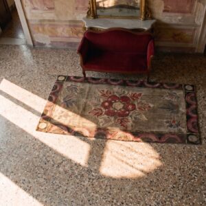 Floral Antique Fan Arc Border American Folk Art Hooked Rug (SKU 21636) - styled overhead view